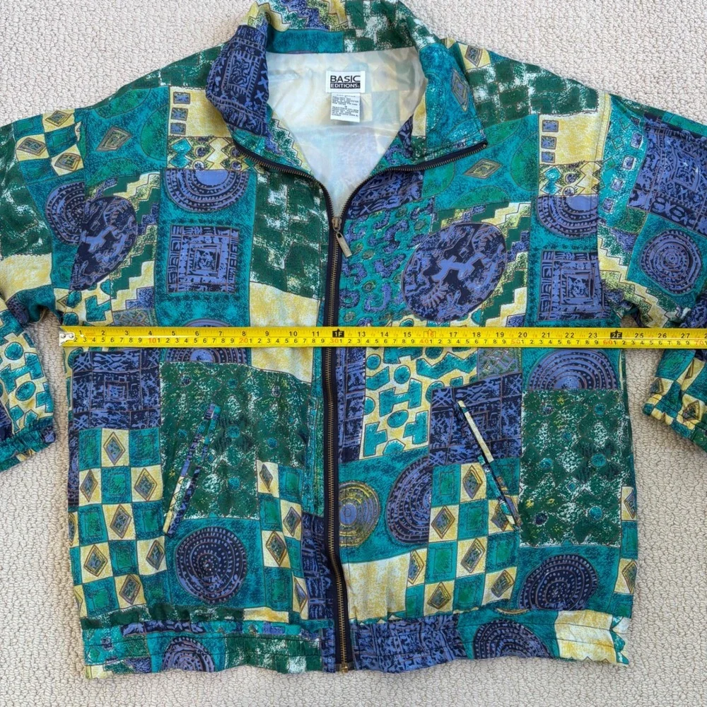 Vintage 80s 100% Silk Abstract Geometric Bomber Jacket Basic Editions Teal Large